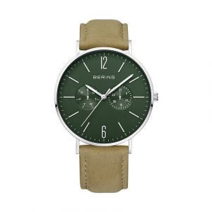 Bering Bracelet cuir / tissu homme - Montre classique cuir beige cadran vert - Couleur de la matière:Blanc