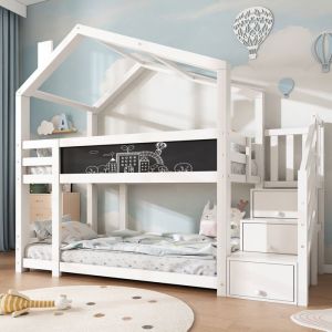Lit superposé enfant avec escalier de rangement et tableau noir - MODERNLUXE - Blanc - 2 places - A lattes