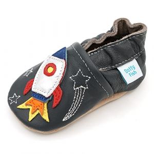 Dotty Fish. Chaussures Cuir Souple pour Tout-Petits et Bébé. Semelle Souple antidérapante. Garçons. Gris avec fusée Spatiale. 3-4 Ans (27 EU) (Dotty Fish, neuf)
