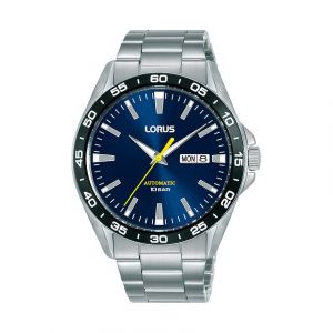 Lorus Bracelet acier - Montre automatique cadran bleu lunette noire