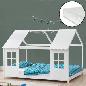 Lit cabane Tostedt pour enfant 140 x 200 cm avec matelas sommier &agrave; lattes bois de pin blanc