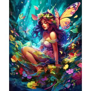 Broderie diamant : Fée et papillons - toile tendue sur chassis