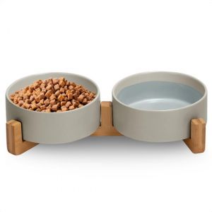 Image de Jake and Jacky Feeding Bowl Cat and Dog Ceramic - Bols d'alimentation doubles avec support - Abreuvoir - 2x 400 mL - Gris