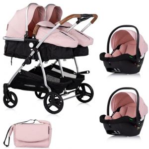 DUO SMART Poussette jumeaux ou enfants rapproch&eacute;s largeur 79 cm Rose + 2 cosy i-Size rose