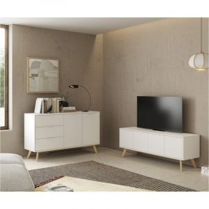 Blajk - Pack Salon Scandinave Meuble tv 4 Portes + Buffet 140cm Pin Naturel et Blanc