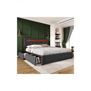 Lit double avec LED et tiroirs 140x200, tête réglable, sommier à lattes, en bois, gris