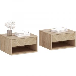 Homcom Lot de 2 tables de chevet murales - tiroir compartiment ouvert plateau - panneau de particules - 37x32x21cm - bois naturel
