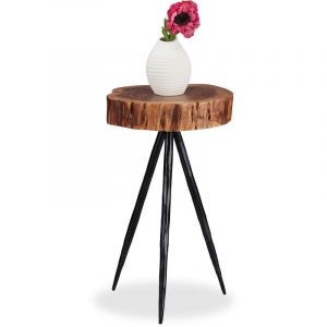 Relaxdays Table d'appoint en bois de manguier, tronc d’arbre, pieds métalliques, salon, Table chevet ronde, 50cm de haut, nature