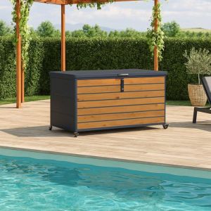 Trigano Coffre de jardin 650 L à roulettes métal imitation bois