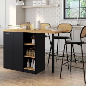 Idmarket Ilot Central Cesar 140 Cm Bois Noir Avec Plan De Travail Façon Hêtre
