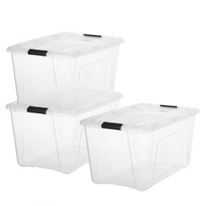 Iris Ohyama Boite Rangement Plastique avec Couvercle, 45L, Lot de 3, Transparent, 98% en Plastique Recycl&eacute;, Clips de Fermeture, Poign&eacute;e, Empilable, pour Chambre, Dressing, Bureau, Sans BPA, BSB-45