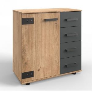 Wimex Commode combinée STOKE 1 porte 4 tiroirs corps imitation chêne poutre rechampis graphite