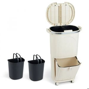 Poubelle de Cuisine 38L COSTWAY &agrave; P&eacute;dale et Roulettes - 3 Compartiment Tri Selectif Beige