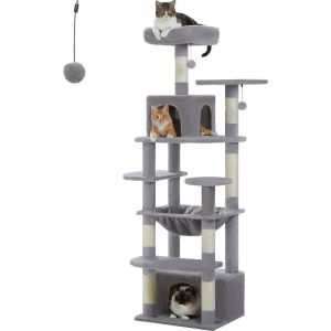 PAWZ Road Grand Arbre à Chat Géant, Poteau Griffoir Sisal, Panier et Maison super Large pour Chats - 164cm Gris