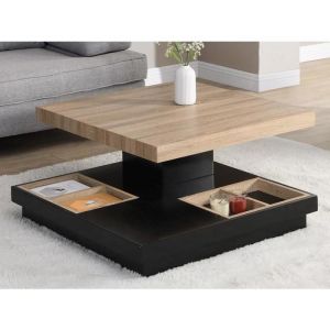 Table basse - Plateau pivotant - MDF laqué noir et naturel - FAUSTO
