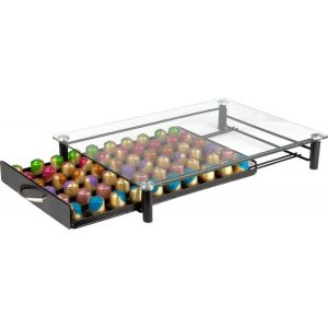 KitchenBrothers Porte-capsules - avec tiroir - Nespresso - 60 tasses - Verre - inox/noir