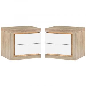 Lot de 2 table de chevet avec 2 tiroirs - Avec LEDs - Blanc laqué et naturel - FLARANCIA