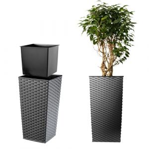 Pot de Fleur Haut, Grande Jardiniere en Plastique pour Une Décoration Interieure et Exterieure, Bac à Fleurs Imitant Le Rotin (75 cm, Graphite)