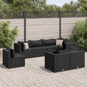 VidaXL Salon de jardin 8 pcs avec coussins noir résine tressée, ensemble de canapés d'extérieur, canapé d'angle de jardin, salon de jardin d'angle