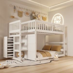 Lit superposé bas Lit enfant 140 x 200 cm avec compartiments de rangement ouverts, cadre de lit en bois avec clôture, blanc