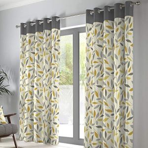 Fusion Feuilles Ocre 229 x 183 cm-100% Coton-2 Panneaux œillets Rideaux Floraux Gris et Jaunes pour Chambre et Salon-Collection Beechwood, 183 x 229cm