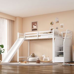 Lit Mezzanine Enfant - PDZZZD - avec Toboggan - Rangement - Bois Massif - 120 kg