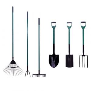 Garden Lot d'outils de Jardinage Pelle Ronde + Fourc à bêc r + bêc + râteau + râteau à Feuilles + Griffe 3 Dents