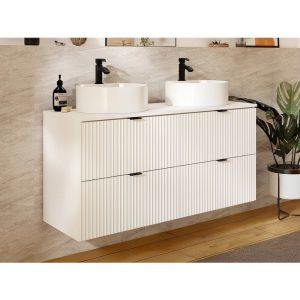 Meuble de salle de bain suspendu stri&eacute; avec vasque &agrave; poser ronde - Blanc mat - 120 cm - ZEVINI