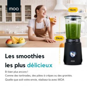 Moa Powerful Blender - Avec bol en verre - 1.5 litres - Noir - 1000 watts - TB61B
