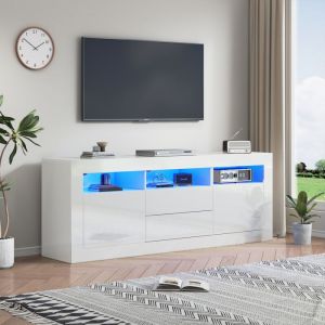 Meuble TV laqu&eacute; brillant, avec &eacute;clairage LED, 2 portes, 2 tiroirs, meuble de salon, 160 x 35 x 60 cm