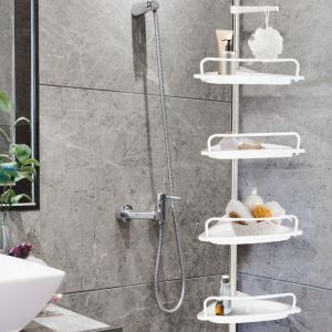 Image de Idmarket Etagère d'angle de douche télescopique chromée avec 4 tablettes blanches