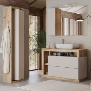 Ensemble meuble vasque 110cm + colonne pivotante beige et aspect bois Cadiz - ARTURO