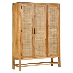 Armoire 3 portes manguier massif et cannage rotin H. 180 cm - CAMILO
