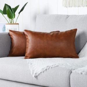 Housses de Coussins,Lot de 2 Luxe en Cuir Artificiel décoration Taie d'oreiller à Canapé Salon Balcon Jardin,30x50cm,Marrone