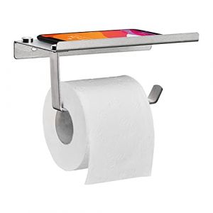 Image de Relaxdays Porte-papier toilette, avec support, distributeur en inox brossé, montage mural, HLP 8 x 18 x 9,5 cm, argenté