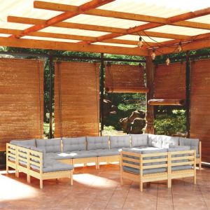 VidaXL Salon de jardin 12 pcs avec coussins gris bois de pin massif