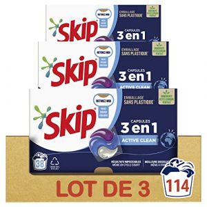 Skip Lessive liquide en capsules Active Clean 3 en 1 - 114 lavages - fraîcheur longue durée - sans emballage plastique (lot de 3x38)