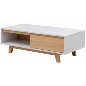 Image de FJORD Table basse scandinave blanc et décor bois érable - L 120 x l 59 cm - Panneaux de particules - Blanc et décor bois érable - L 120 x l 59 x H 40 cm - 1 tiroir, 1 niche