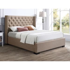 Lit coffre 140 x 200 cm avec tête de lit capitonnée - Tissu - Beige - MASSIMO
