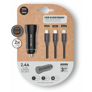 Chargeur Voiture TechOneTech 2x USB-A + CÃ¢ble 3-en-1 MicroUSB, Lightning et USB-C - Noir