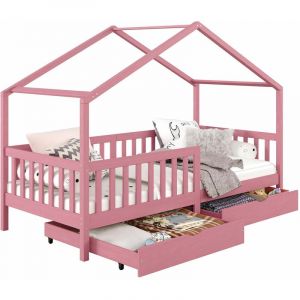 Image de Idimex Lit cabane ELEA lit enfant simple 90 x 200 cm, avec 2 tiroirs de rangement, en pin massif lasuré rose