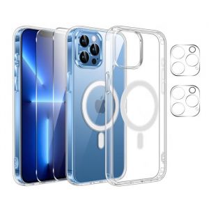 Hq-cloud Coque Magn&eacute;tique pour iPhone 13 pro max 67 + 2 Vitre Verres Tremp&eacute;s + 2 Cam&eacute;ra Protecteur Compatible Avec MagSafe Transparent