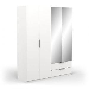 Image de Calicosy Demeyere Armoire Dressing avec Miroirs & Penderie Moderne 4 Portes 5 Etagères 2 Tiroirs – Coloris Blanc Mat-157, Bois d'ingénierie, 157,3 x 51,1 x 203 cm