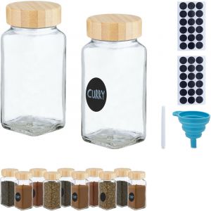 Relaxdays Bocaux à épices, Lot de 12, saupoudrage, Verre, 120 ML, étiquettes, Stylo & Entonnoir, Transparent/Nature