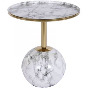 Pegane Table d'appoint en fer doré et marbre coloris blanc - diamètre 41 x Hauteur 47 cm
