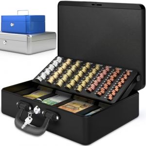ACROPAQ Caisse monnaie professionelle - Grande espace pour les Billets et pièces, 36 x 27 x 11 cm, Avec monnayeur et 2 clés - Noir