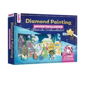 Diamond Painting Calendrier de l'Avent Village de Noël scintillant avec matériel et outils pour 24 présentoirs : support mural, outils et 1200 diamants en verre de différentes couleurs pour 24