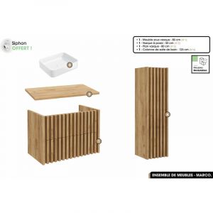 Ensemble complet de salle de bain - Meuble - Colonne - Vasque &agrave; poser avec Siphon OFFERT MARCO Oak 60 x 56 x 45 cm