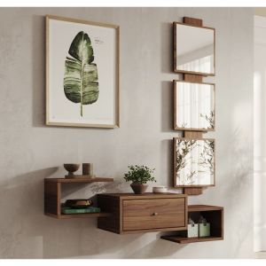 Muebles Bonitos - Meuble d'entrée 1 Tiroir avec Miroir Console d'Entrée Vestiaire Coleur Noyer Ambar Mate 99,5x145x22cm Modèle Neo