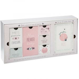 Image de Atmosphera Coffret Naissance avec Boite souvenirs 6 tiroirs et Set de 12 Cartes étapes Rose